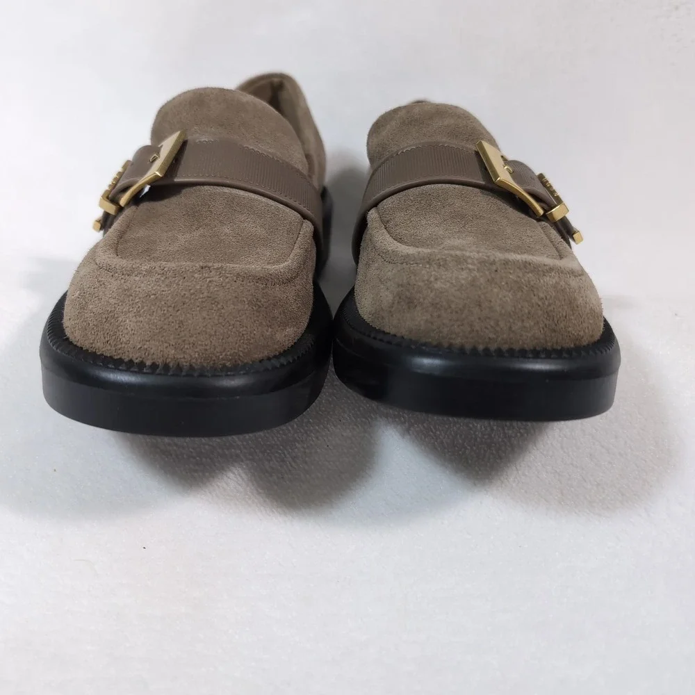 Charles & Keith Loafers Women Taupe Suede Gold Buckle Lug Sole Chunky Platform - Picture 5 of 13